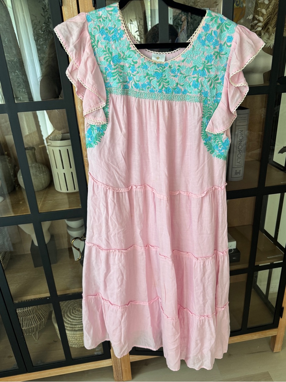 J. Marie embroidered midi dress floral oaxacan tiered ruffle linen pockets loose